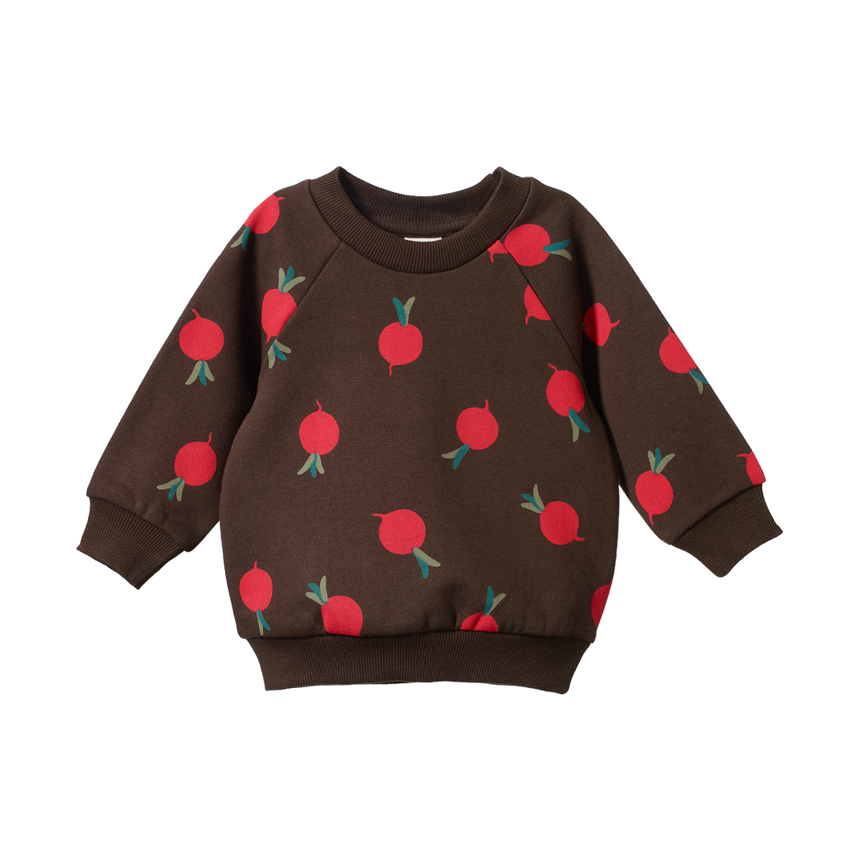 Nature Baby Emerson Sweater in brown cotton with a grande radish print in red and green at Cerise