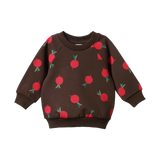 Nature Baby Emerson Sweater in brown cotton with a grande radish print in red and green at Cerise