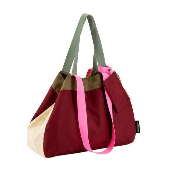 Dark red and cream canvas bag with green straps
