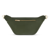 FLOX AHI belt bag in green earthy toned textured vegan leather with flox designed satin interior lining and two staps.  Gold Tui Charm