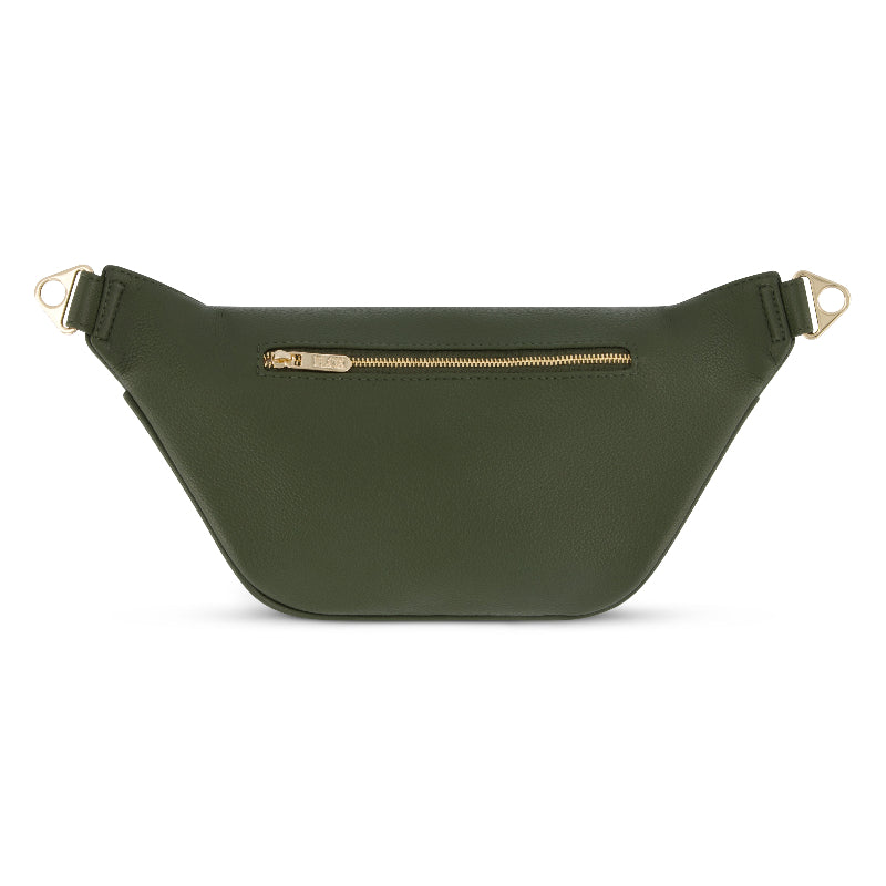 FLOX AHI belt bag in green earthy toned textured vegan leather with flox designed satin interior lining and two staps.  Gold Tui Charm