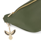 FLOX AHI belt bag in green earthy toned textured vegan leather with flox designed satin interior lining and two staps.  Gold Tui Charm