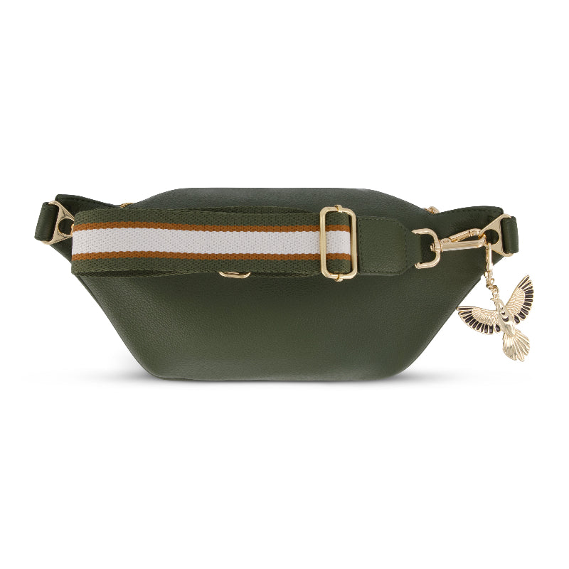FLOX AHI belt bag in green earthy toned textured vegan leather with flox designed satin interior lining and two staps.  Gold Tui Charm