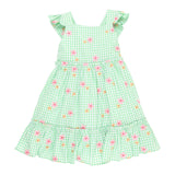 Green and white gingam check dress with embroidfered flowers