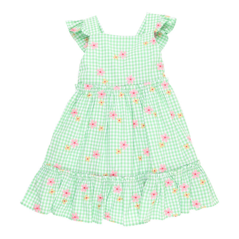Green and white gingam check dress with embroidfered flowers