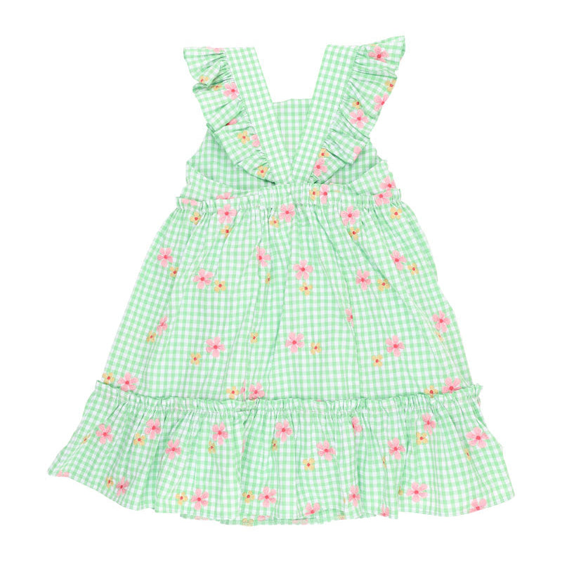 Green and white gingam check dress with embroidfered flowers