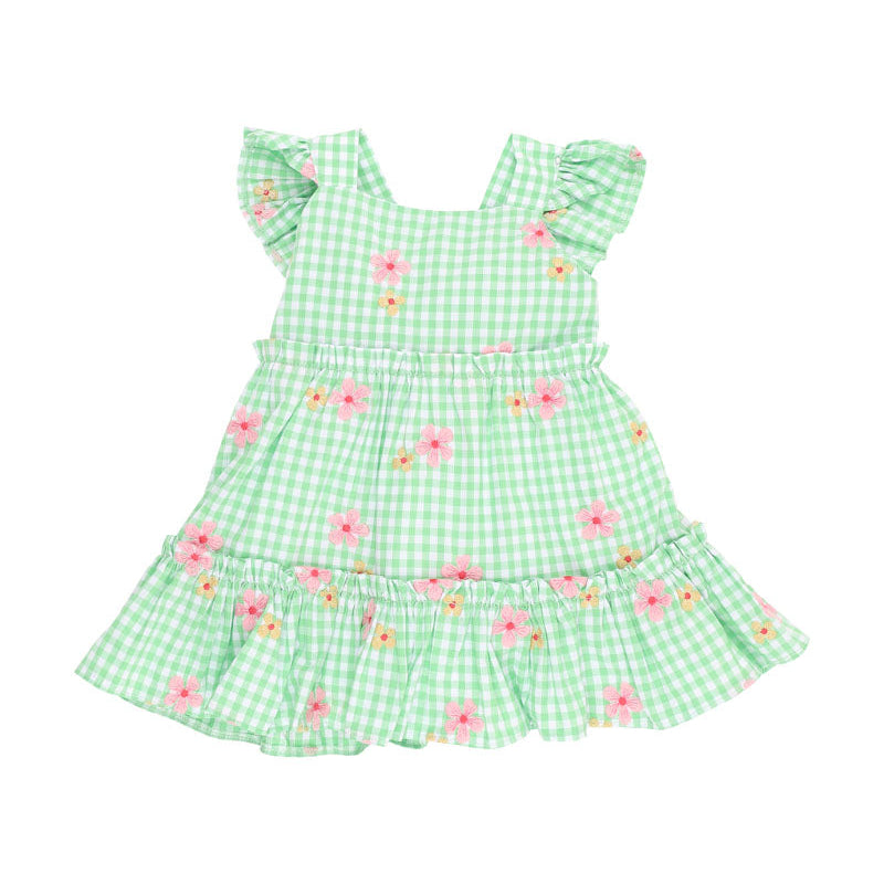 Green gingham check dress with embroidered flowers and flutter sleeves