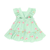 Green gingham check dress with embroidered flowers and flutter sleeves