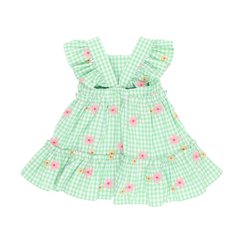 Green gingham check dress with embroidered flowers and flutter sleeves