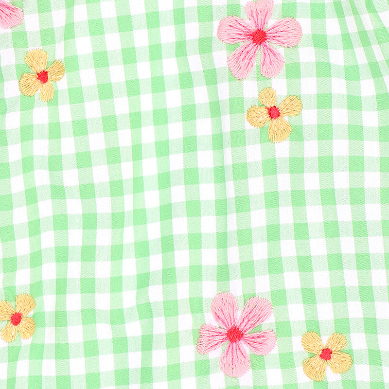 Green gingham check dress with embroidered flowers and flutter sleeves