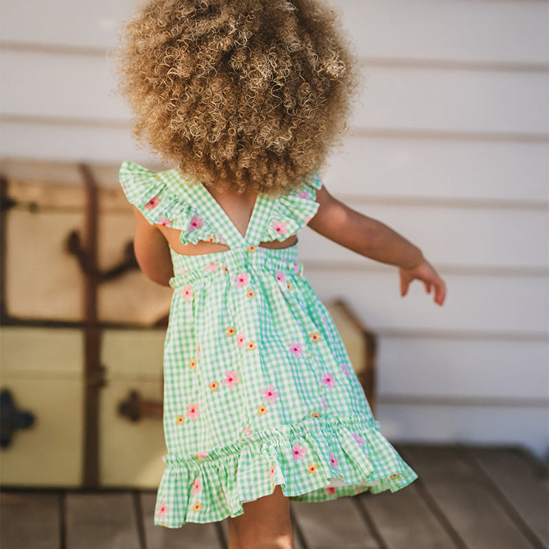 Green gingham check dress with embroidered flowers and flutter sleeves