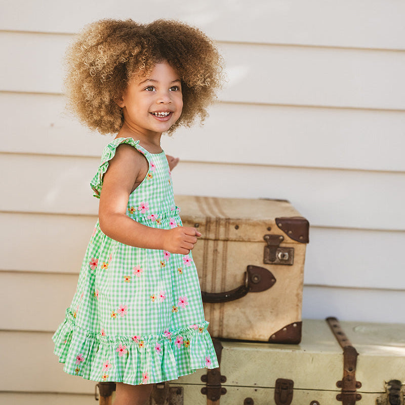 Green gingham check dress with embroidered flowers and flutter sleeves