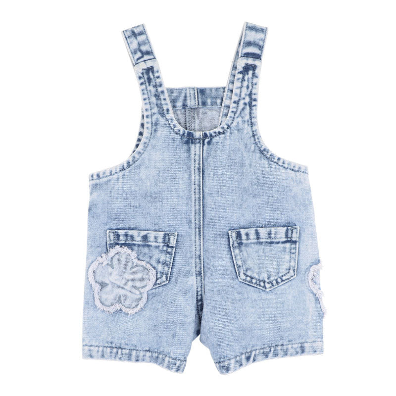 Light blue denim overalls with frayed edge decorative floral patches