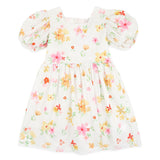 Floral dress on a white cotton fabric with puff sleeves 