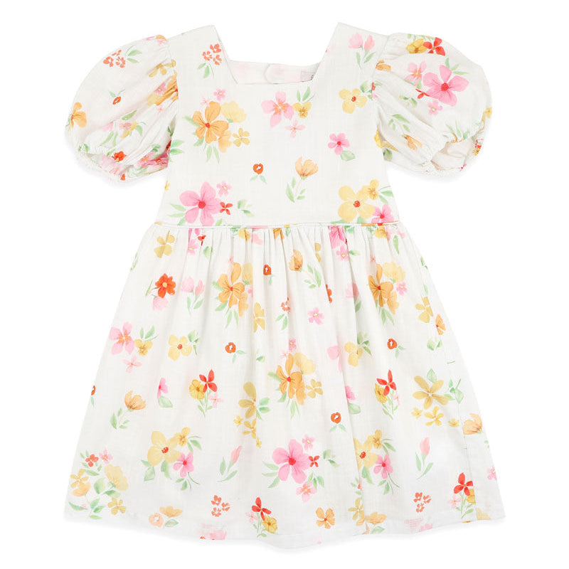 Floral dress on a white cotton fabric with puff sleeves 