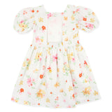 Floral dress on a white cotton fabric with puff sleeves 