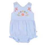 Light blue striped baby romper with floral embroidery on a white background