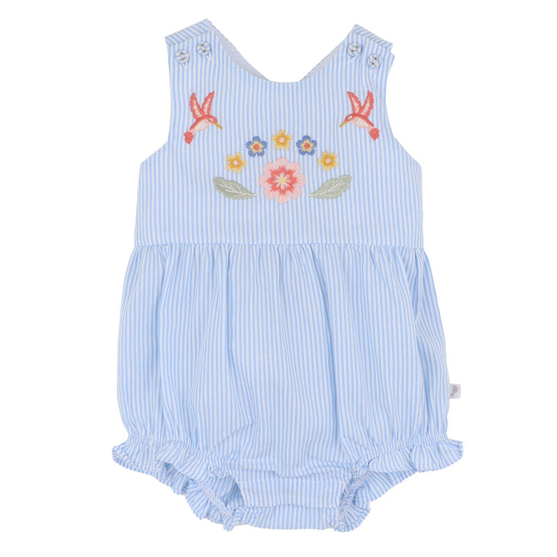 Light blue striped baby romper with floral embroidery on a white background