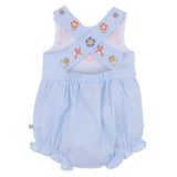 Light blue striped baby romper with floral embroidery on a white background