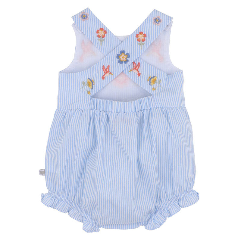 Light blue striped baby romper with floral embroidery on a white background