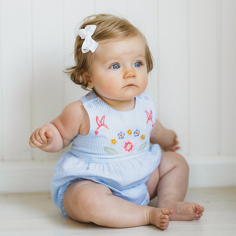 Baby sitting on a white floor wearing a light blue outfit with floral embroidery.