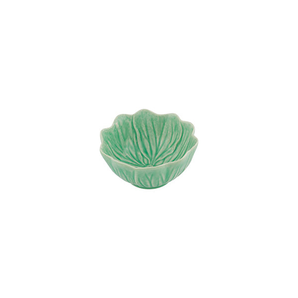 Green ceramic leaf-shaped bowl on a white background