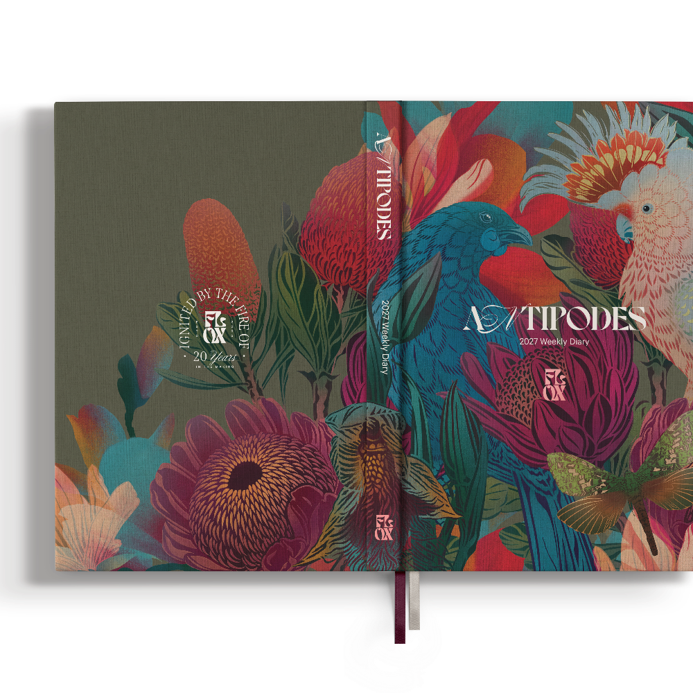 The Flox Antipodes 2027 Diary at Cerise is a beautifully illustrated New Zealand diary featuring Flox’s signature botanical artwork inspired by Aotearoa’s native flora and fauna. Perfect bound for easy open to flat lay with feature printed fabric outer cover. A practical and stylish 2027 diary for everyday planning, and a great gift for lovers of New Zealand art, nature and contemporary illustration.