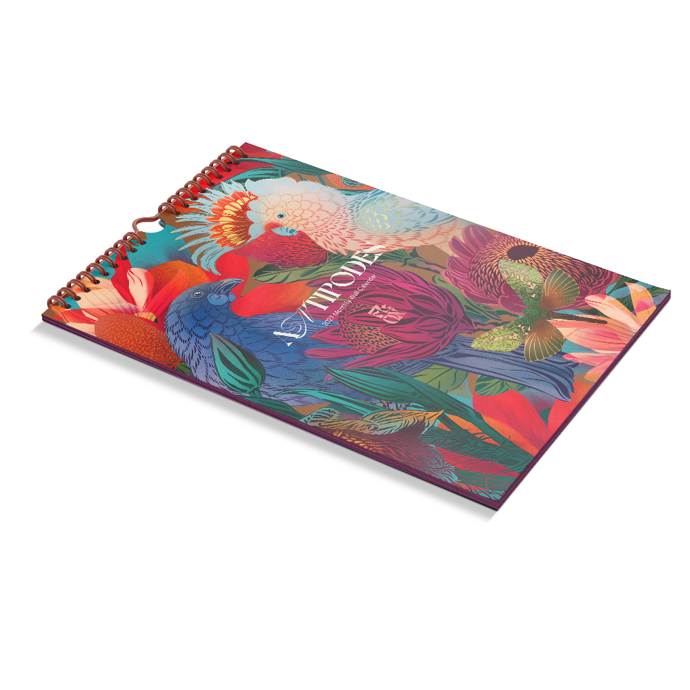 The  of the Flox Antipodes 2027 Calendar  is a New Zealand art calendar featuring Flox’s vibrant botanical illustrations inspired by the flora and fauna of Aotearoa at Cerise The front cover is a stunning introduction to a beautiful 2027 wall calendar and gift for lovers of New Zealand art, contemporary illustration, native plants, birds and nature.