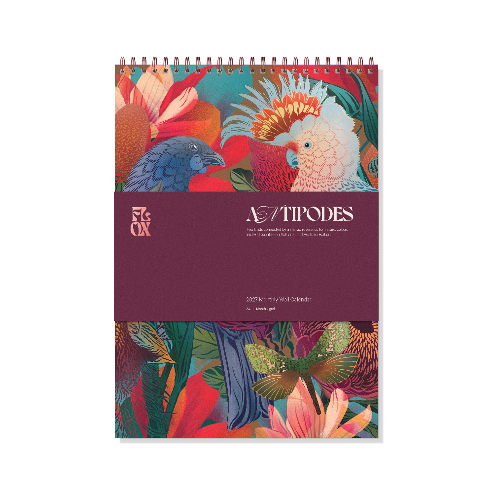 The  of the Flox Antipodes 2027 Calendar  is a New Zealand art calendar featuring Flox’s vibrant botanical illustrations inspired by the flora and fauna of Aotearoa and the wider Antipodes at Cerise The front cover is a stunning introduction to a beautiful 2027 wall calendar and gift for lovers of New Zealand art, contemporary illustration, native plants, birds and nature.