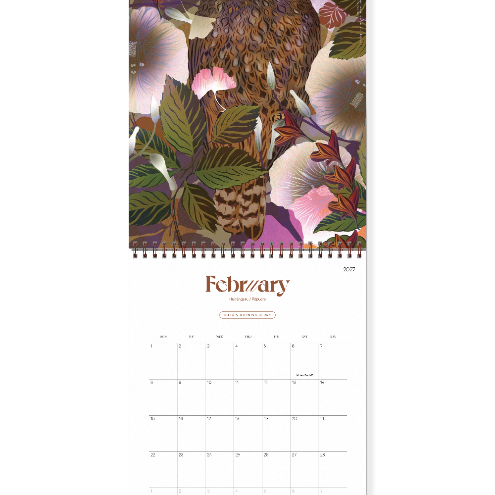 The  of the Flox Antipodes 2027 Calendar  is a New Zealand art calendar featuring Flox’s vibrant botanical illustrations inspired by the flora and fauna of Aotearoa at Cerise A clear monthly grid means this wall calendar is functional and beautiful. Our Flox design is a stunning introduction to a beautiful 2027 wall calendar and gift for lovers of New Zealand art, contemporary illustration, native plants, birds and nature.