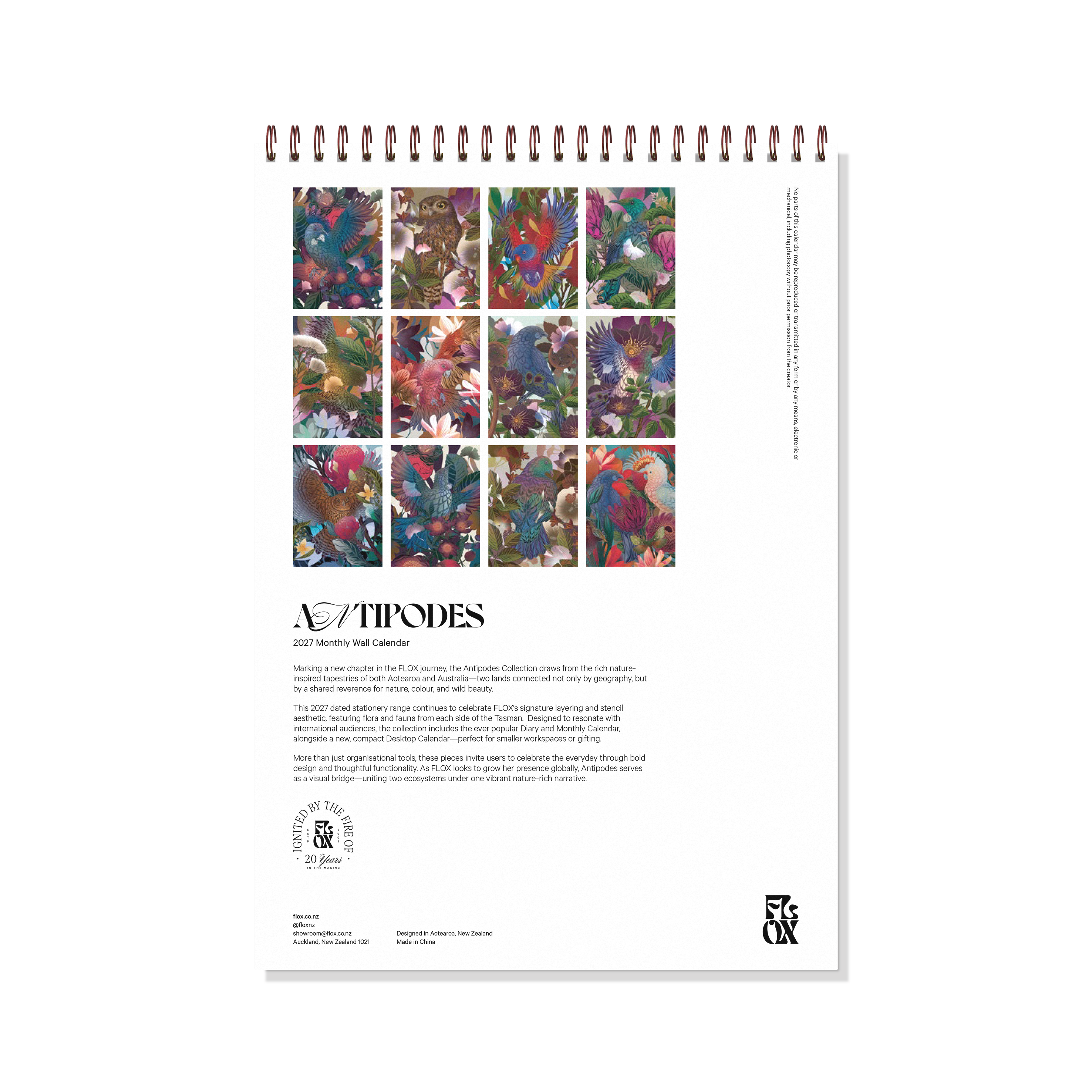 The  of the Flox Antipodes 2027 Calendar  is a New Zealand art calendar featuring Flox’s vibrant botanical illustrations inspired by the flora and fauna of Aotearoa at Cerise Spiral Bound, easy to hang, featuring twelve different artworks and with clear month by month grids, the Flox design is a  stunning introduction to a beautiful 2027 wall calendar and gift for lovers of New Zealand art, contemporary illustration, native plants, birds and nature.