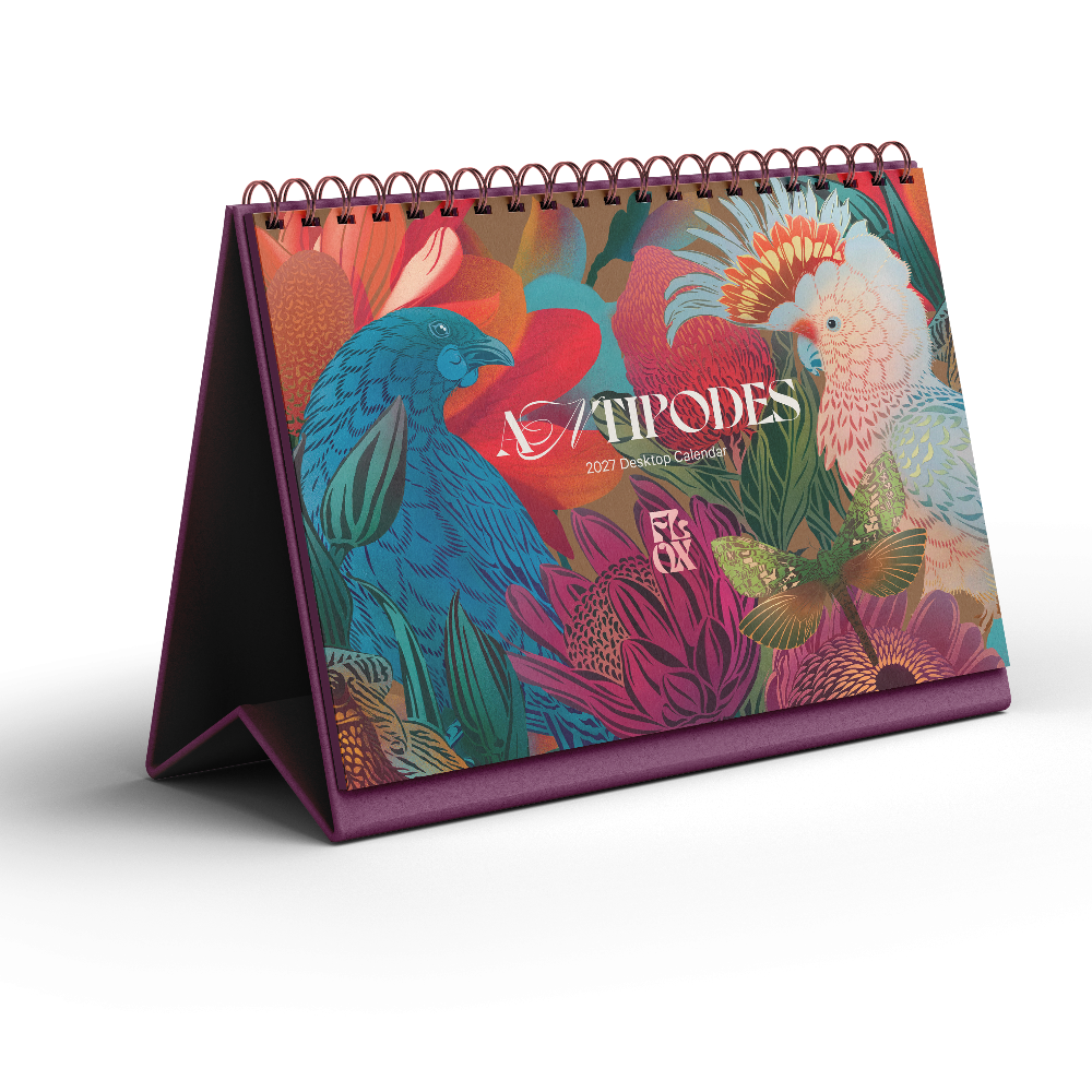 The Flox 2027 Antipodes Desktop Calendar is a colourful New Zealand desk calendar featuring Flox’s signature botanical artwork inspired by Aotearoa’s native flora and fauna at Cerise. Spiral bound with fold out base, its compact and easy to post. A practical and beautiful 2027 desktop calendar for home or office, and a thoughtful gift for lovers of New Zealand art, nature and contemporary illustration.