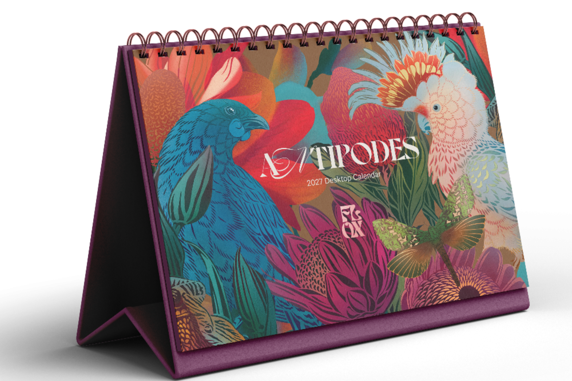 The Flox 2027 Antipodes Desktop Calendar is a colourful New Zealand desk calendar featuring Flox’s signature botanical artwork inspired by Aotearoa’s native flora and fauna at Cerise. Spiral bound with fold out base, its compact and easy to post. A practical and beautiful 2027 desktop calendar for home or office, and a thoughtful gift for lovers of New Zealand art, nature and contemporary illustration.