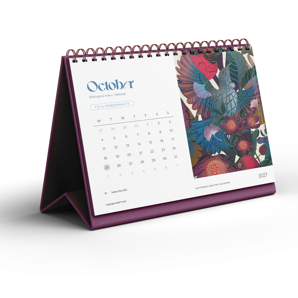 The Flox 2027 Antipodes Desktop Calendar is a colourful New Zealand desk calendar featuring Flox’s signature botanical artwork inspired by Aotearoa’s native flora and fauna at Cerise. Shows  a month per page including a Flox illustration and monthly grid with both New Zealand and Austrailia holidays.  A practical and beautiful 2027 desktop calendar for home or office, and a thoughtful gift for lovers of New Zealand art, nature and contemporary illustration.