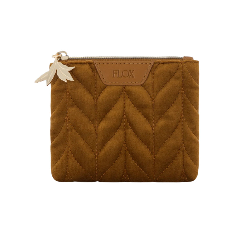 Flox velvet mini purse in mustard colour with signature flox lining and zip pull