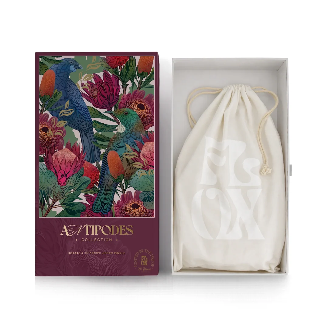 Flox Antiposed Kokao and Tui 1000 piece jigwaw puzzle at Cerise. Comes with a fabric strorage bag.