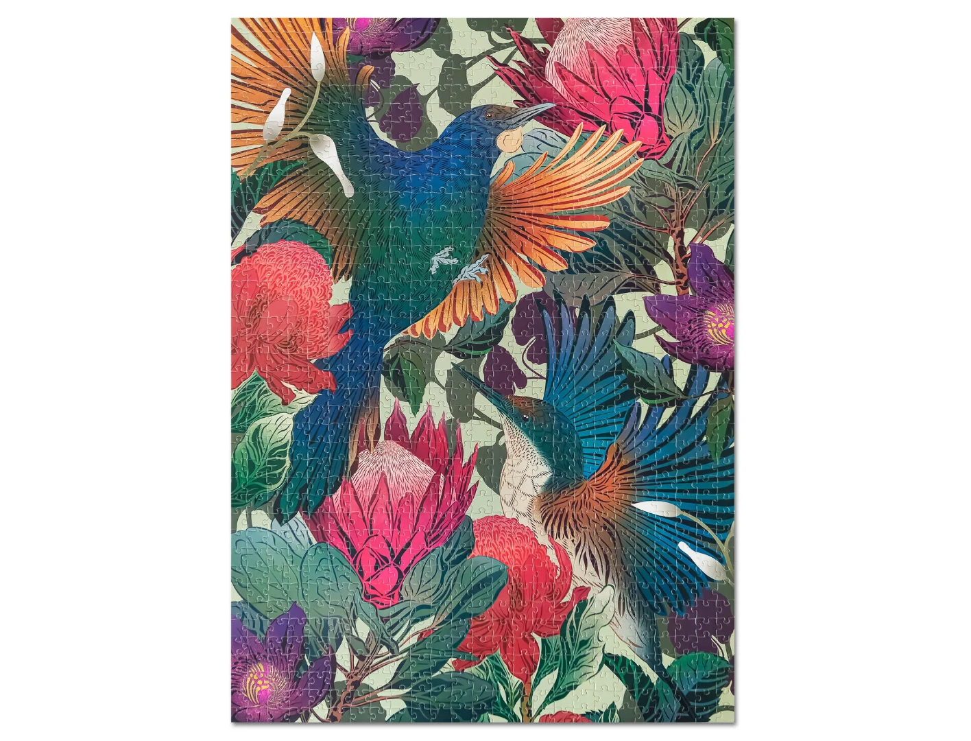 Flox Antipodes Tui & Kingfisher Puzzle. Featuring Flox’s distinctive botanical-inspired artwork at Cerise. Finished  size  50cm x 70cm