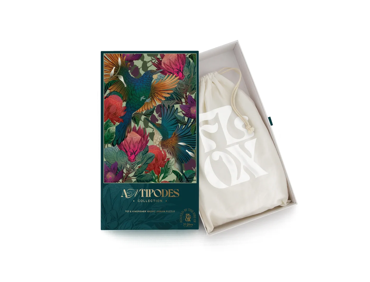 Flox Antipodes Tui & Kingfisher Puzzle at Cerise with a reuseable fabric storage bag