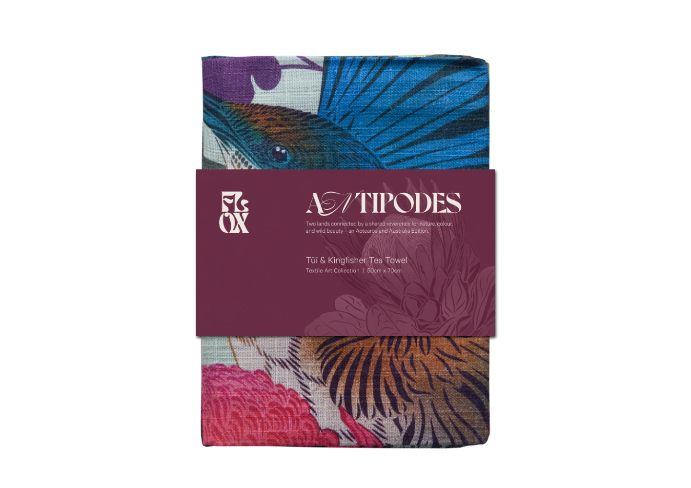 Flox Tui & Kingfisher tea towel from the Antipodes range at Cerise, measures 50 x 70cm.