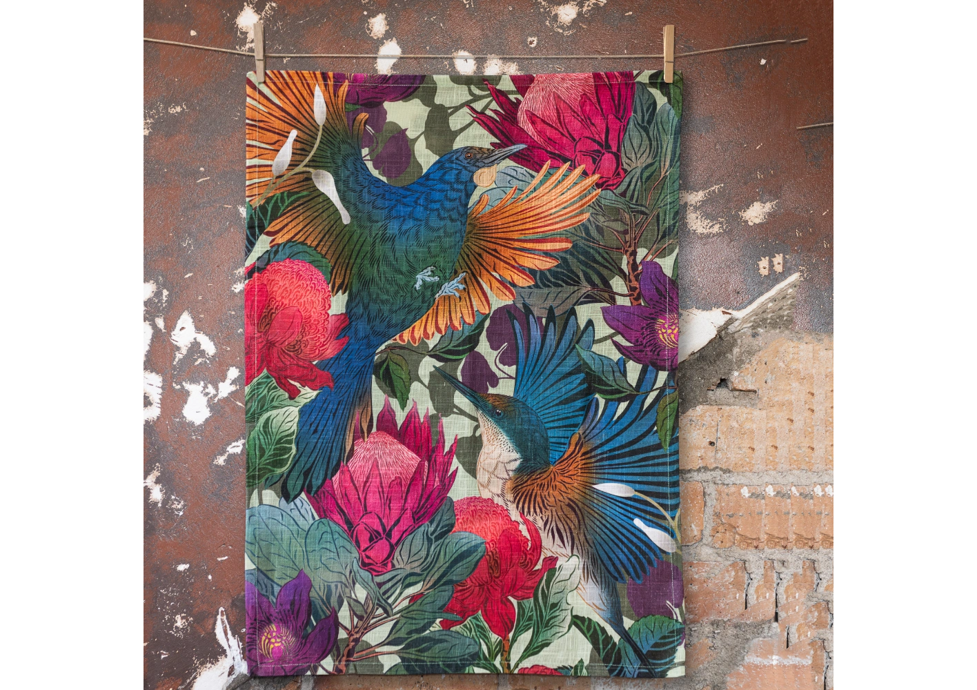 Flox Antipodes Tui and Kingfisher Tea Towel in cotton at Cerise.