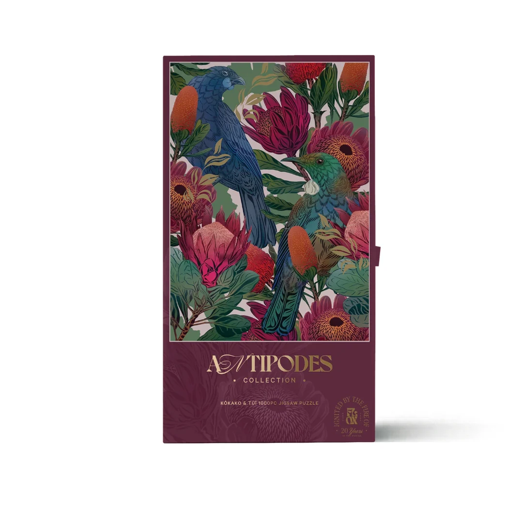 Flox Antipodes Kokako and tui Jigsaw Puzzle at Cerise.  Contains 1000 pieces and measures 50cm x 70cm when finished.