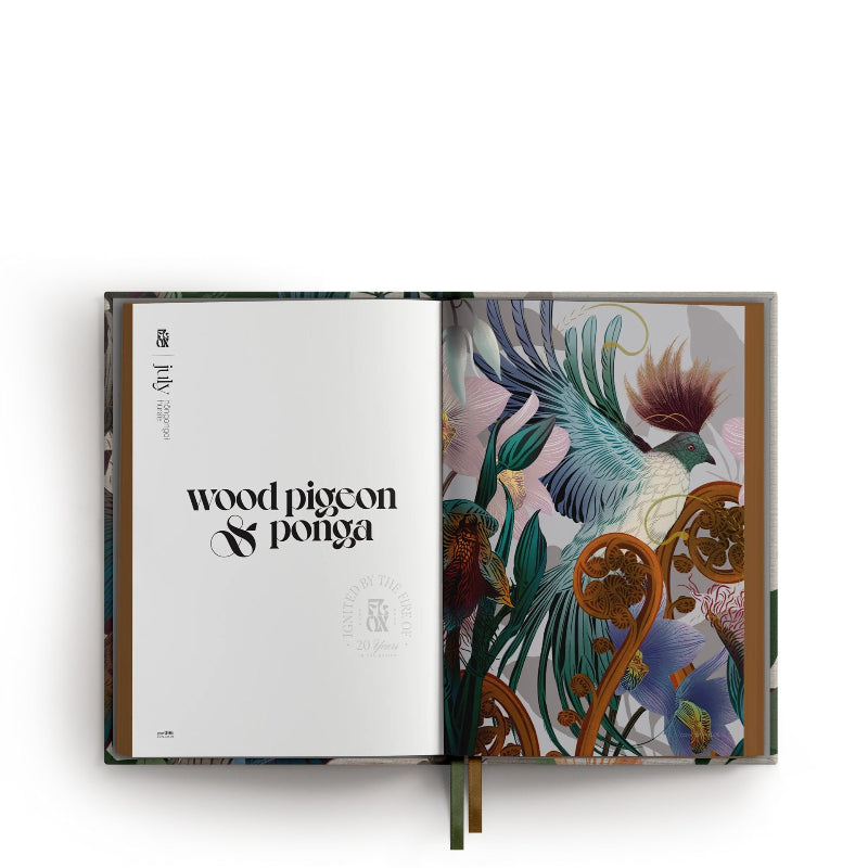 Open 2026 flox diary book with 'wood pigeon & ponga artwork displayed