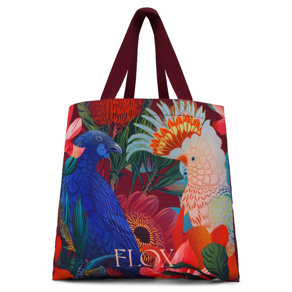 Make a statement while carrying everything you need with the FLOX Antipodes Oversize Shopper from Cerise. Designed by New Zealand artist FLOX, this generous XL shopper combines bold, colourful artwork with practical everyday functionality.  Featuring the Kokako from Aotearoa New Zealand and the Pink Cockatoo from Australia.