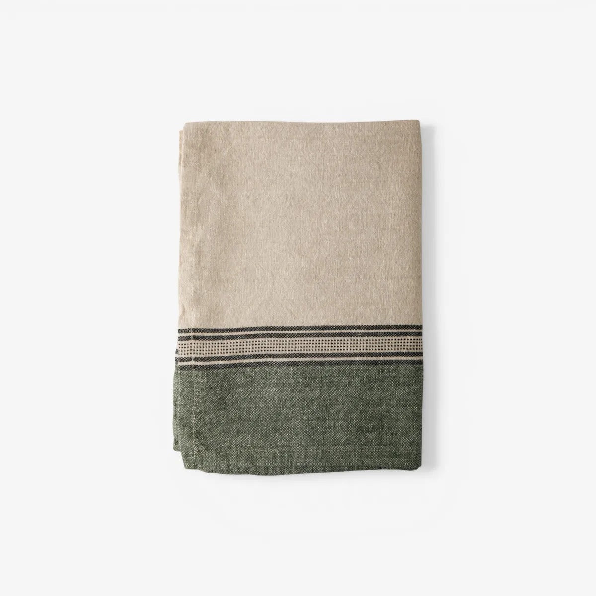 French Country Collections Atelier Ribbon Teatowel in Green at Cerise.  Made from a practical cotton linen blend and has a hang tag.