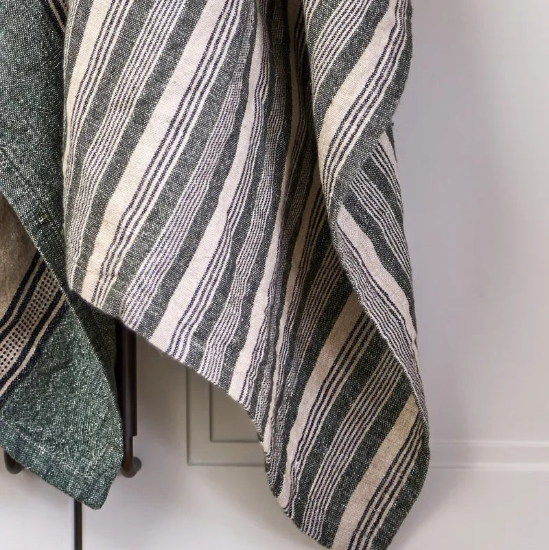 French Country Atelier stripe Teatowel in Green at Cerise.  Made of a linen and cotton blend for everyday use.
