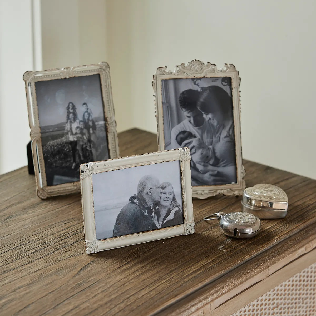 French Country Brocante white metal vintage style photo frame at Cerise.  Holds a 4 x 6 inch picture.