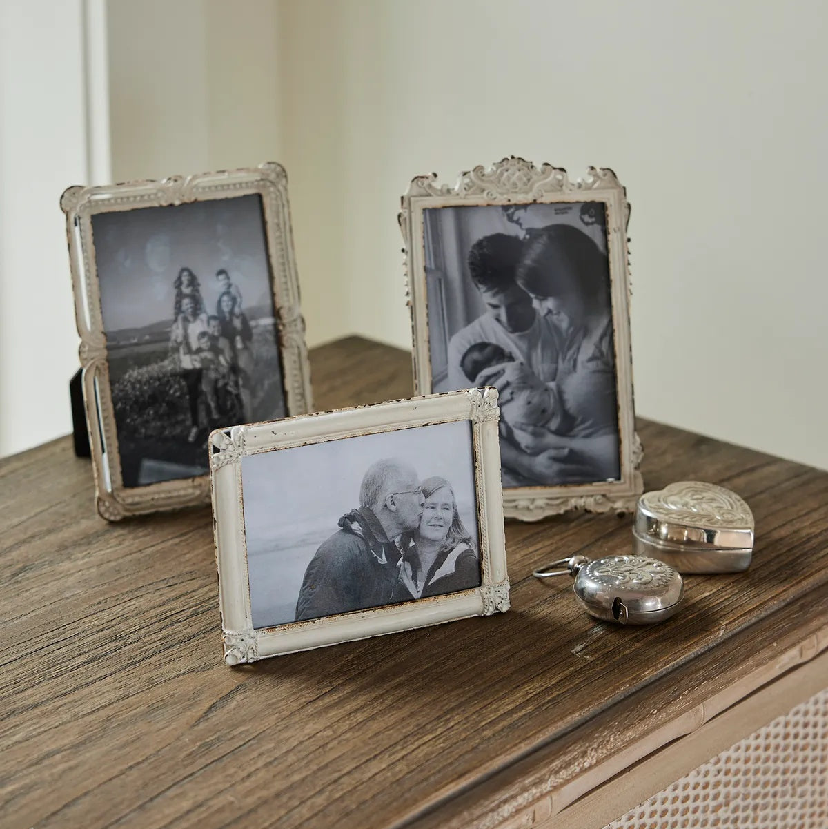 French Country Collection of Brocante Vinti\age style antique white photo frames at Cerise.