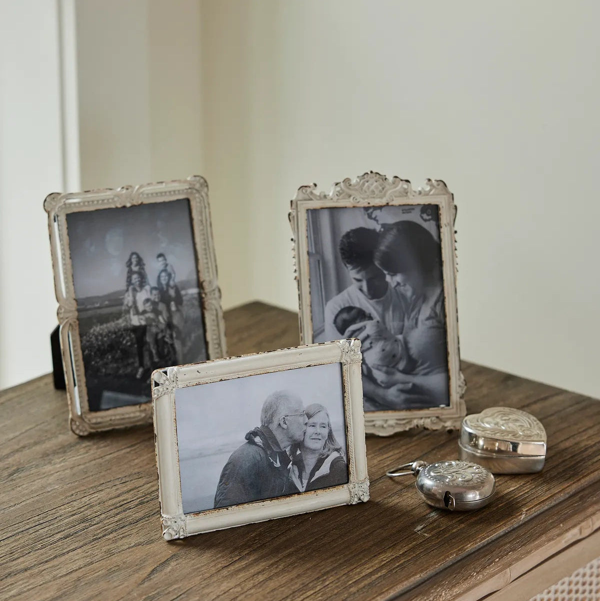 French Country Brocante Collection of white metal photo frames at Cerise