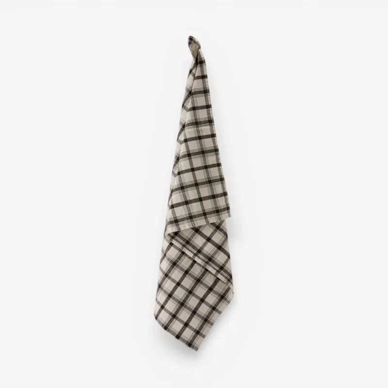 French Country Larder Check Teatowel at Cerise.  Warm coffee and ivory tones.  Beautiful cotton linen blend fabric.