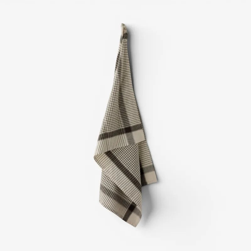 French Country Utility Check Teatowel at Cerise.  Cotton Linen Teatowel in warm tones of brown and Ivory.  Has a hanging loop.